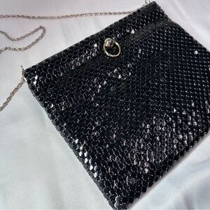 Vtg Black Mesh Chainmail Evening Bag Purse Hong Kong 11" Hinge Pull Open‎